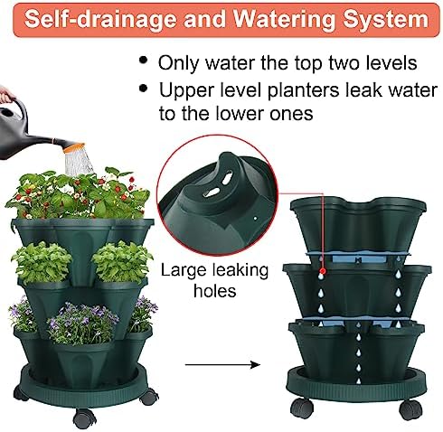 GameXcel Vertical Planter Tower - 3 Tier Stackable Garden Planters with Wheels and Tools Plant Pots for Strawberry Herb Flower and Vegetable Indoor Outdoor Use Green 2 Pack - Image 4