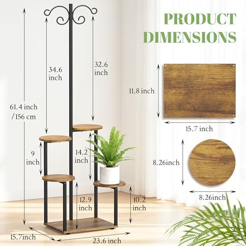 Plant Stand Indoor with 2 Hanging Hooks, 5 Tiered Corner Plant Shelf Flower Stand for Multiple Plants, Plant Stands Organizer Rack for Living Room Balcony Patio Garden (Black+Brown, Round) - Image 2