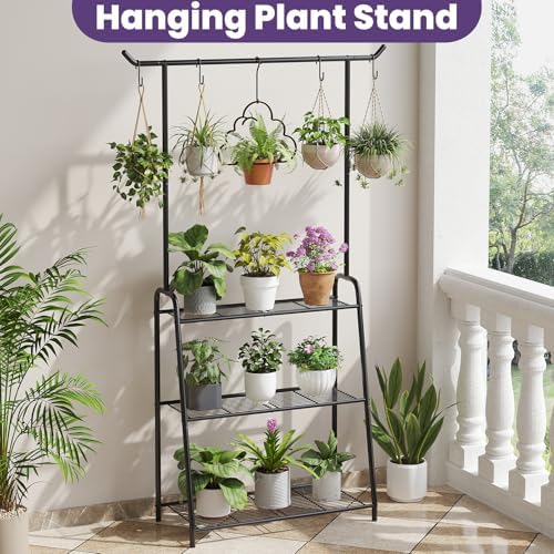 Metal Plant Stand Indoor Outdoor, 3 Tier Tall Corner Plant Shelf, Hanging Flower Ladder for Living Room, Balcony, Garden, Patio (Black) - Image 3