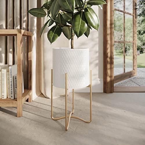 EverNest Claire Mid-Century Modern White Plant Pot with Ambrose Stand, SelectBase, Indoor Plant Pot, Bohemian Style, Minimalist Plant Home Décor (Small, Gold) - Image 4