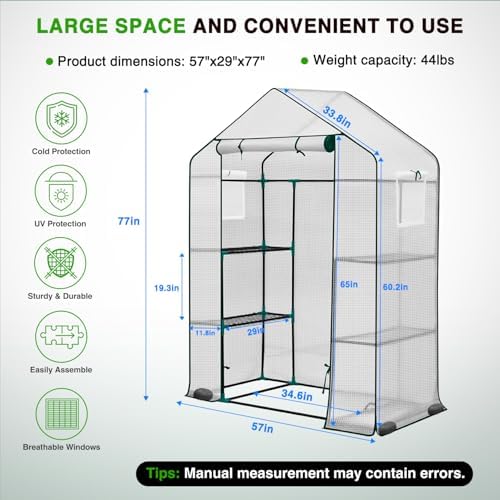 Yesker Greenhouse 57"x29"x77" Walk in Green House - Large Outdoor/Indoor Greenhouses with 4 Shelves Waterproof PE Cover & Windows, Portable Greenhouse Kit for Winter Backyard Gardening Patio, White - Image 2