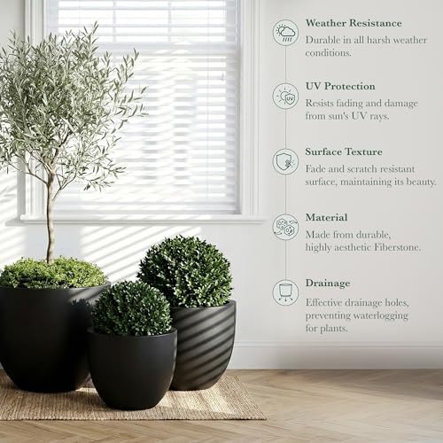DTY Mount Belford 11.8'' D x 9.6'' H (Pot Opening 10.6") Fiberstone Egg Shaped Planter with Drainage Hole, Smooth Finishes, Weather Resistant for Indoor and Outdoor, 2 Extra Coco Mats - Small, Black - Image 2