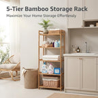 Bamboo Bathroom Shelf Organizer, 5 Tier Wooden Bathroom Rack with Adjustable Shelves, Free Standing Shelving Unit Open Bookcase Plant Shelf Indoor, 50" Storage Shelves for Kitchen Living Room - Image 4