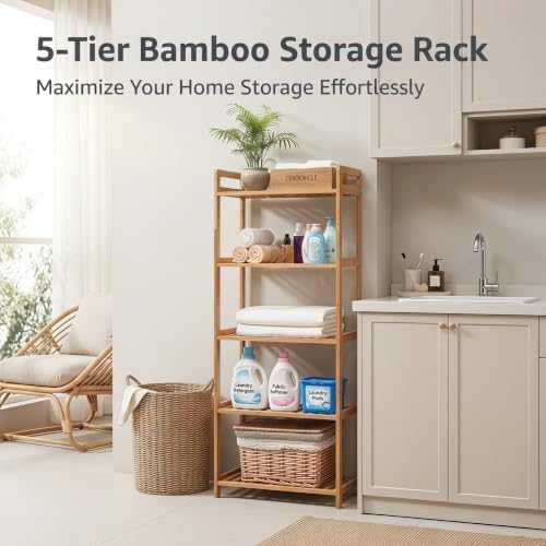 Bamboo Bathroom Shelf Organizer, 5 Tier Wooden Bathroom Rack with Adjustable Shelves, Free Standing Shelving Unit Open Bookcase Plant Shelf Indoor, 50" Storage Shelves for Kitchen Living Room - Image 4