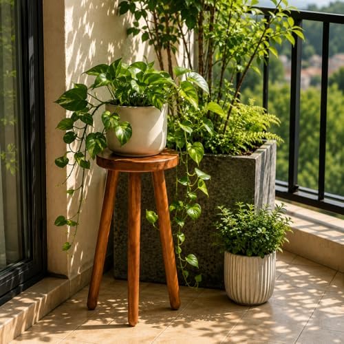 Teak Wood Plant Stand, 24" Round Side Table, Wood Accent Table - Image 5