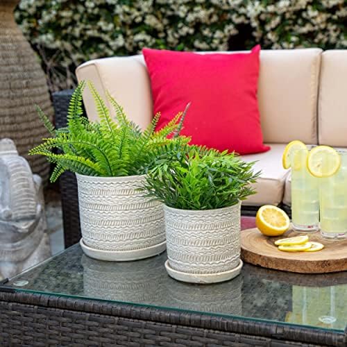 Sagebrook Home Set of 2 Stoneware Ceramic Planters with Saucers –Decorative Indoor & Outdoor Plant Pots – Modern Home & Garden Décor – Ivory & Tan Textured Tribal Design 6" & 8" - Image 4