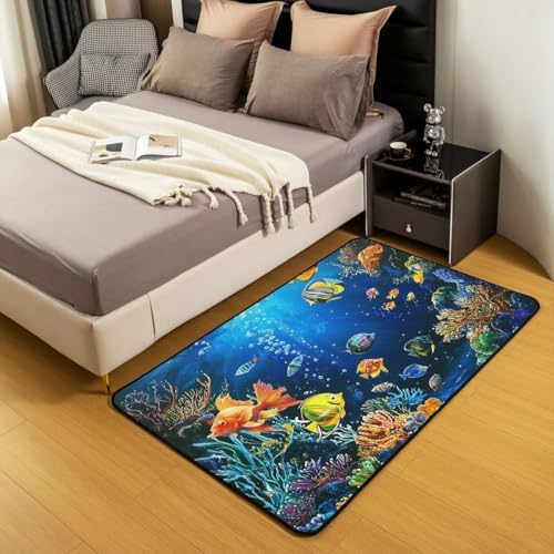 Erosebridal Ocean Fish Area Rug 4'11" x 3'3" Marine Living Room Rugs Cartoon Sealife Underwater World Decorative Carpet Cute Creature Coral Tropical Fish Indoor Floor Mat - Image 3