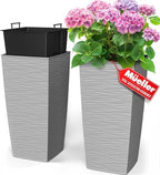 Mueller M-Resin Heavy Duty Tall Planters for Outdoor Plants, Indoor Grande Plant Pots, Boxes, Trees, Flower Pots, 2-Piece Set, 24”, Modern Design, Built-in Drainage, Front Porch Decor, Light Gray by Mueller