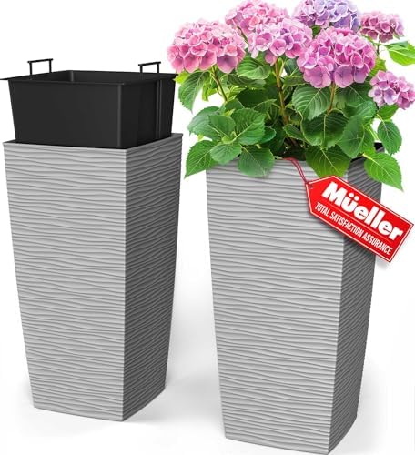 Mueller M-Resin Heavy Duty Tall Planters for Outdoor Plants, Indoor Grande Plant Pots, Boxes, Trees, Flower Pots, 2-Piece Set, 24”, Modern Design, Built-in Drainage, Front Porch Decor, Light Gray by Mueller