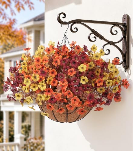HyeFlora 2 Set Artificial Outdoor Faux Fall Mums Hanging Flowers Plants Basket Outside, 14 Bundles Fake Silk Daisy Fern in Planter UV Resistant for Autumn Porch Balcony Patio Yard Decor, 3 Colors Mix - Image 6