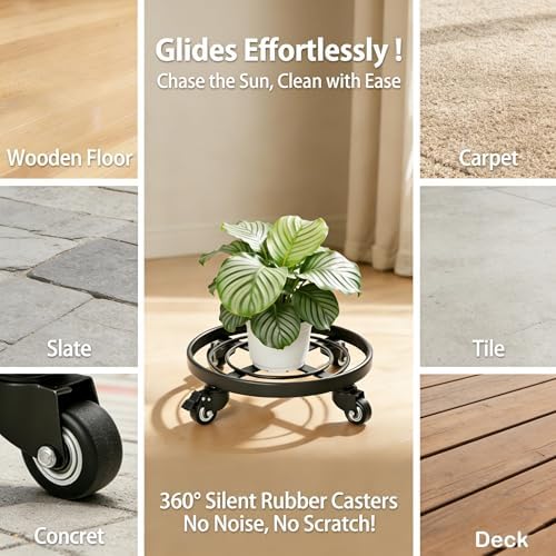 AMAGABELI GARDEN & HOME 16" Metal Plant Caddy Heavy Duty Rolling Plant Stand with Wheels Iron Potted Round Flower Pot Rack on Roller Dolly Holder Mover Indoor Outdoor Planter Trolley Casters Brakes - Image 5
