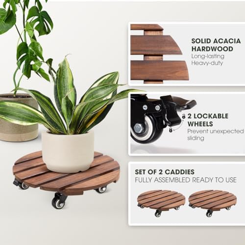 Idzo 2-Pack 14 Inch Acacia Wood Plant Caddy with Wheels – Heavy-Duty Plant Dolly with 264 Lbs Capacity, 360° Lockable Wheels for Large Plant Pots, Heavy Objects, Ideal for Indoor and Outdoor Use - Image 2