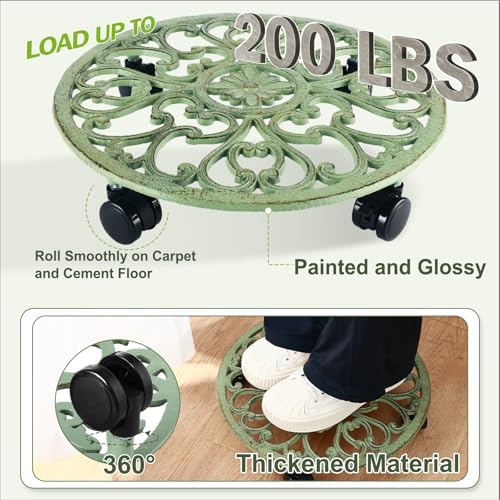 3 Packs 14 Inch Rolling Plant Stand with Wheels Metal Plant Caddy with Wheels Heavy Duty Round Plant Stand Indoor Iron Plants Rollers for Plants, Plant Dolly Retro Green - Image 6