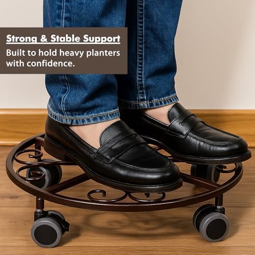 5 Pack Plant Caddy with Wheels Heavy Duty 16 Inch Large Metal Plant Stand with Wheels Plant dolly Rolling Plant Stand Plant Roller with Casters for Indoor and Outdoor with 5 Pack Plant Saucers, Bronze - Image 4