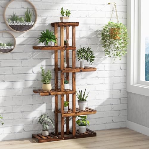 COSTWAY 6-Tier Multifunctional Wood Flower Stand, Shelf Holder for Multiple Plants, Freestanding Plant Rack for Garden, Patio, Balcony, Living Room, Indoor, Outdoor (29.5''x10''x55.5'') - Image 5