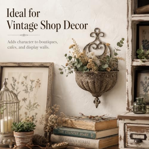 Vintage Wall Hanging Planter with Ornate Scrollwork, Distressed Rust Iron Wall Mount Flower Pot, Rustic Farmhouse Ribbed Wall Planter for Indoor Outdoor Porch Entryway Garden Wall Decor(A3077) - Image 7
