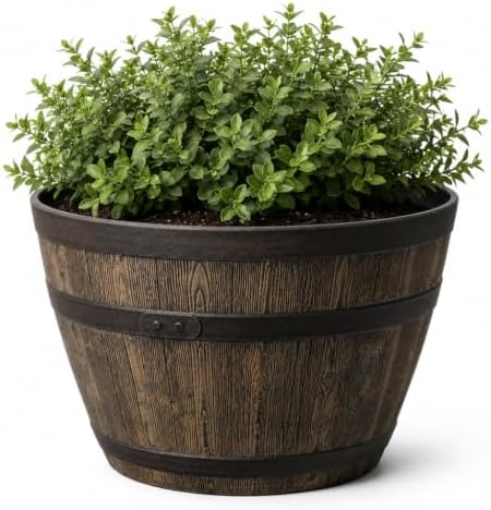 19.9 Inch Whiskey Barrel Planter, 47.44 Qt, Brown, Outdoor Resin by Unknown