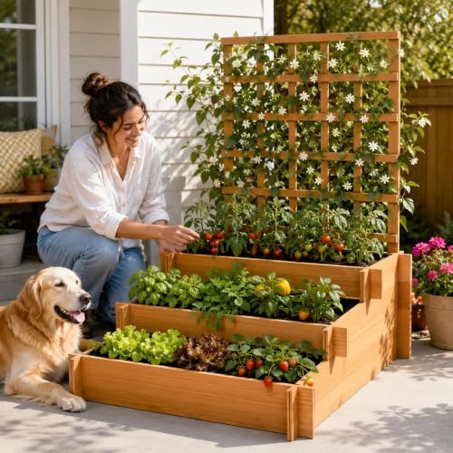 43" 3-Tier Fir Wood Raised Garden Bed Planter with Trellis - Image 2