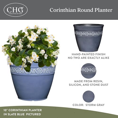 Classic Home and Garden Corinthian Round Resin Flower Planter Pot, Storm Gray 8" (Pack of 3) - Image 2