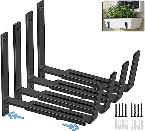 HFHOME 4 PCS Adjustable Planter Box Brackets (6 to 12.5 in), Universal Window Box Brackets, Heavy Duty Metal Flower Box Wall Mounting Hooks for Balcony, Fences, Patio, and Garden - Black by HFHOME