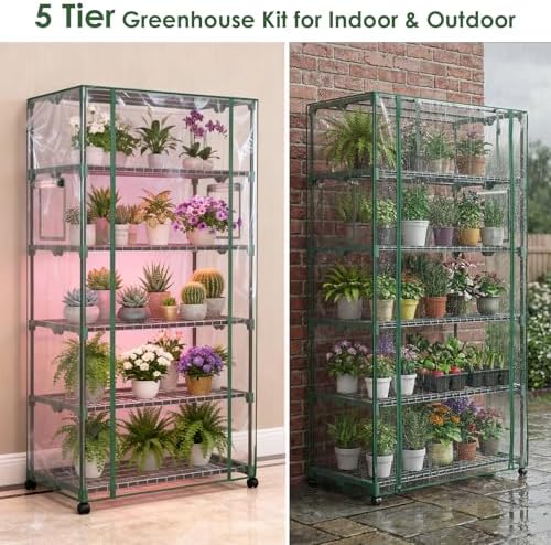 5 Tier Indoor Greenhouse with Grow Lights & Wheels & 2 Ventilation Windows , 36"x19"x70" Portable Green House Cabinet Kit with 5 Shelves Transparent PE Cover - Image 2