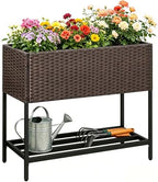LDAILY Elevated Raised Garden Bed with Legs, Outdoor Planter Box with Storage Shelf & Drainage Gap for Vegetables, Flowers & Fruits, Heavy Duty Rattan Garden Planter for Yard, Patio & Balcony, Brown by LDAILY