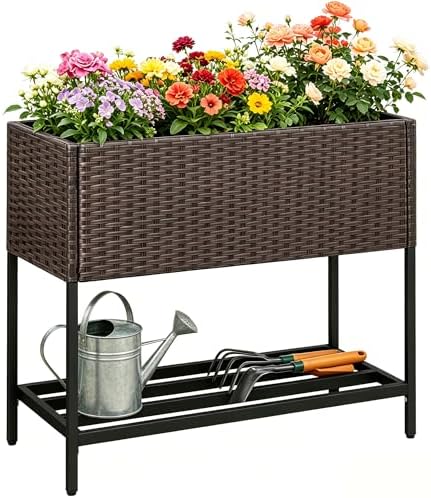 LDAILY Elevated Raised Garden Bed with Legs, Outdoor Planter Box with Storage Shelf & Drainage Gap for Vegetables, Flowers & Fruits, Heavy Duty Rattan Garden Planter for Yard, Patio & Balcony, Brown by LDAILY