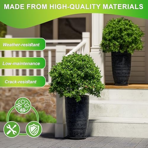 QCQHDU Set of 2 Large Tall Blue Planters with Saucer - 9 Gallon 12" Diameter x 21" H Faux Stone Round Pots for Indoor Plants, Outdoor Patio & Porch Decor, Heavy Duty Weatherproof Plant Containers - Image 3