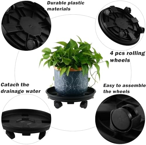 6 Packs 13 Inches Large Plant Caddy with Wheels Plant Saucers on Wheels Rolling Plant Stands Heavy-duty Plant Dolly Plastic Planter Roller Base Pot Movers Outdoor Plant Tray Coaster, Black - Image 2