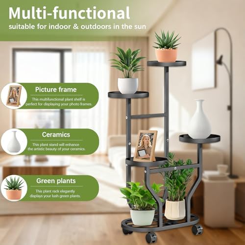 5 Tier Plant Stand, Metal Plant Shelf Indoor Outdoor,Tall Corner Multiple Plants Shelf for Garden Balcony Patio Living Room, Tiered Corner Rack Flower Stands with Wheels - Image 5