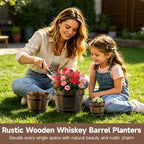 4 PCS Wooden Whiskey Barrel Planters, Wavy Edge Rustic Bucket Flower Pots with Metal Handles, Round Garden Accessory for Succulents Flowers Veggies, Outdoor Indoor Home Porch Yard Container - Image 3