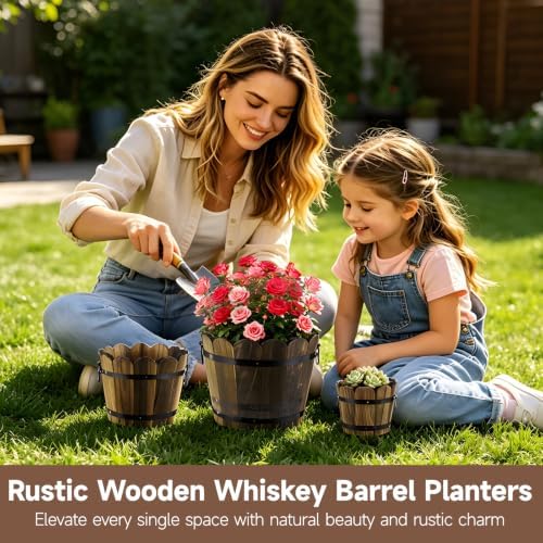 4 PCS Wooden Whiskey Barrel Planters, Wavy Edge Rustic Bucket Flower Pots with Metal Handles, Round Garden Accessory for Succulents Flowers Veggies, Outdoor Indoor Home Porch Yard Container - Image 3