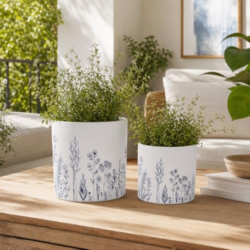Home Decor Planters and Flower Pots – Planters for Indoor and Outdoor Decor with Wildflowers Design – Contemporary Plant Stand That Elevate Patio, Garden, and Room Decor Set of 2 – 8", 6" White & Navy - Image 2