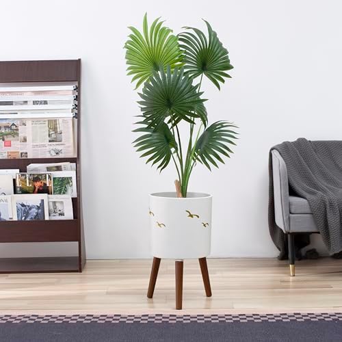 12 Inch Planter,Plant Pot with Stand for Indoor Plants,Large Modern Plant Pots with a Dove Pattern Indoor Outdoor with Drainage for Home Garden Patio,White and Gold - Image 4
