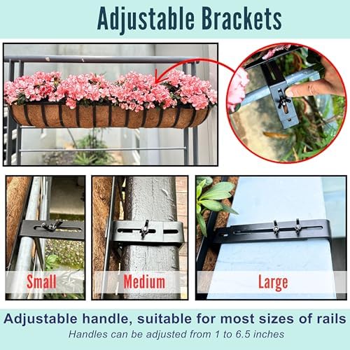 LaLaGreen Railing Planter Box (24 Inch, 2 Pack) Black Metal Rectangular Hanging Planters with Coco Liner, Flower Boxes Brackets for Deck Railings Outdoor Plants Over Rail Fence Balcony Patio Porch - Image 3
