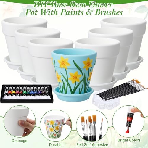 6 Sets DIY Flower Pot Painting Kit 6 White Terracotta Flower Pots with Saucer Planting Gardening Tools 12 Color Acrylic Paints Set Plant Growing Crafts Spring Garden Gift - Image 4