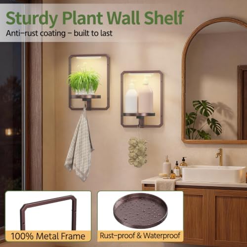 LASZOLA Plant Picture Frame Holder Shelf Wall with Lights, 2 Pcs Brown - Image 6
