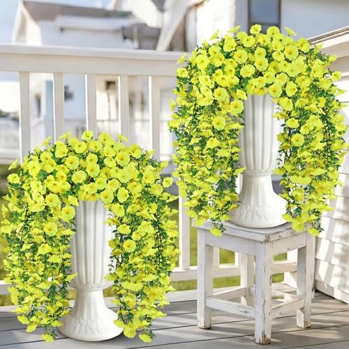 Artificial Hanging Flowers for Outdoors, 4 PCS 600 Blooms UV Resistant Morning Glory Faux Silk Vines, No-Odor Realistic Fake Plants for Garden Planter Porch Patio Decoration, Yellow by JulakoOnline