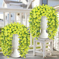 Artificial Hanging Flowers for Outdoors, 4 PCS 600 Blooms UV Resistant Morning Glory Faux Silk Vines, No-Odor Realistic Fake Plants for Garden Planter Porch Patio Decoration, Yellow by JulakoOnline