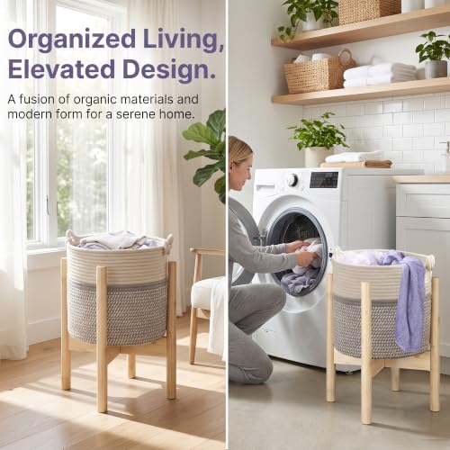 Flower Pot Rattan Plant Stand Planter with Stand, Tall Indoor Boho Woven Wicker Storage Basket with Adjustable Wood Shelf (White & Grey) - Image 7