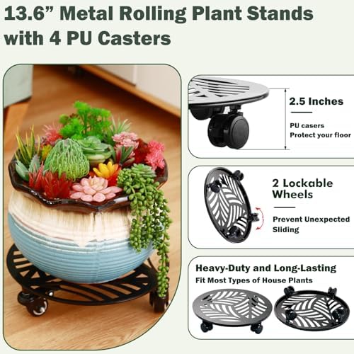 3 Packs Large Metal Plant Caddy with PU Wheels 13.6" Heavy-Duty Wrought Iron Rolling Plant Stands Indoor Outdoor Wheeled Plant Dolly Planter Mover Rollers Plant, Leaf Style - Image 2
