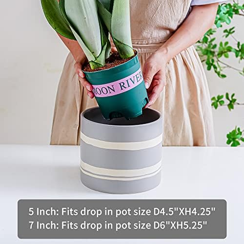 Nihow Modern Ceramic Plant Pot - 5 + 7 Inch Flower Pot for All Indoor Plants - Sturdy Planter Pots with Drainage Hole & Rubber Plugs - Semi-Matte Gray & Nature - Plants Not Included - Image 3