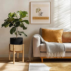 Plant Basket with Stand, Indoor Round Wicker Basket Plant with Bamboo Wood Stand, Decorative Black Woven Cotton Rope Flower Indoor Planter with Legs, Boho Bamboo Wood Planter Holder - Image 5