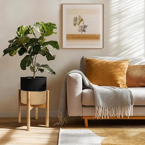 Plant Basket with Stand, Indoor Round Wicker Basket Plant with Bamboo Wood Stand, Decorative Black Woven Cotton Rope Flower Indoor Planter with Legs, Boho Bamboo Wood Planter Holder - Image 5