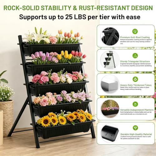 4FT Vertical Garden Bed, 5 Tiers Vertical Raised Garden Planter, 23.5 * 25.4 * 48.6Inch Outdoor Garden Raised Bed with Drainage System, Vegetable Flower Planter Raised Stand Elevated Planter Box - Image 3