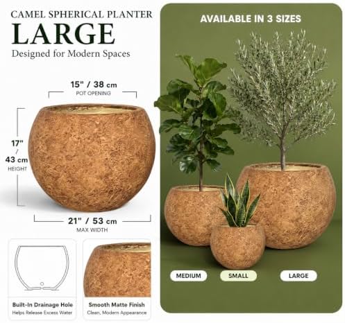 17" H x 21" Dia Round Brown Fiberstone Planter Pot with Drainage Hole, Lightweight UV-Resistant Stone-Look Decorative Planter for Olive Trees, Large Plants & Indoor Outdoor Patio, Porch & Garden - Image 3