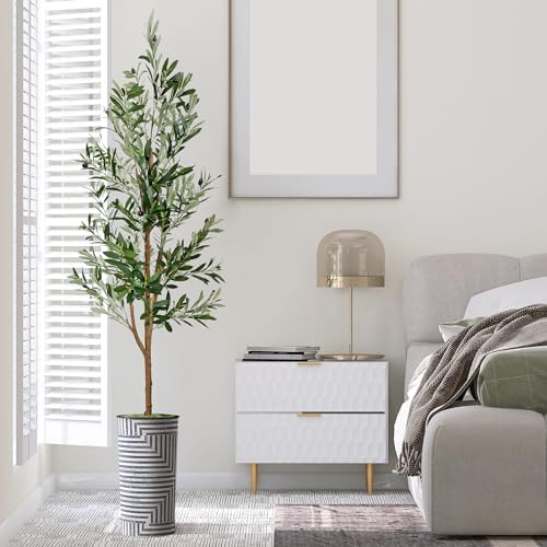 Artificial Tree in Modern Geometric Pattern Planter, Fake Olive Silk Tree for Indoor and Outdoor Home Decoration - 68" Overall Tall (Plant Pot Plus Tree) - Image 3