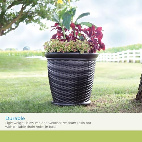 Suncast Wicker Planter w/ Drillable Drain Holes, Decorative Indoor/Outdoor Pot, 18in, Java - Image 4