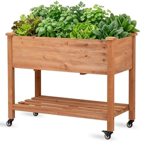 Raised Garden Bed with Lockable Wheels, 40x24x32 inch Elevated Wood Planter with Storage Shelf Protective Liner for Vegetable Flower Herb Outdoor Balcony Patio Backyard, Brown by NatureCrafted