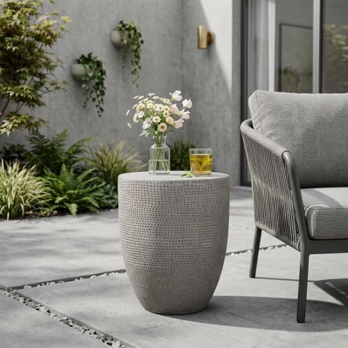 ø14.25'' Concrete Side Table End Table for Outdoor & Living Room, Modern Retro Round Circle Drum Style, Durable and Lightweight, Cement Material, No Assembly, Gray - Image 3